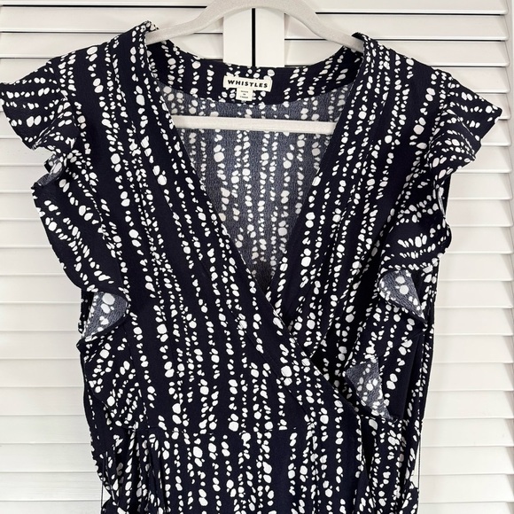 Whistles Savannah Print Wrap Dress Abstract Polka Dots Navy White Costal Size 10 - Picture 2 of 15